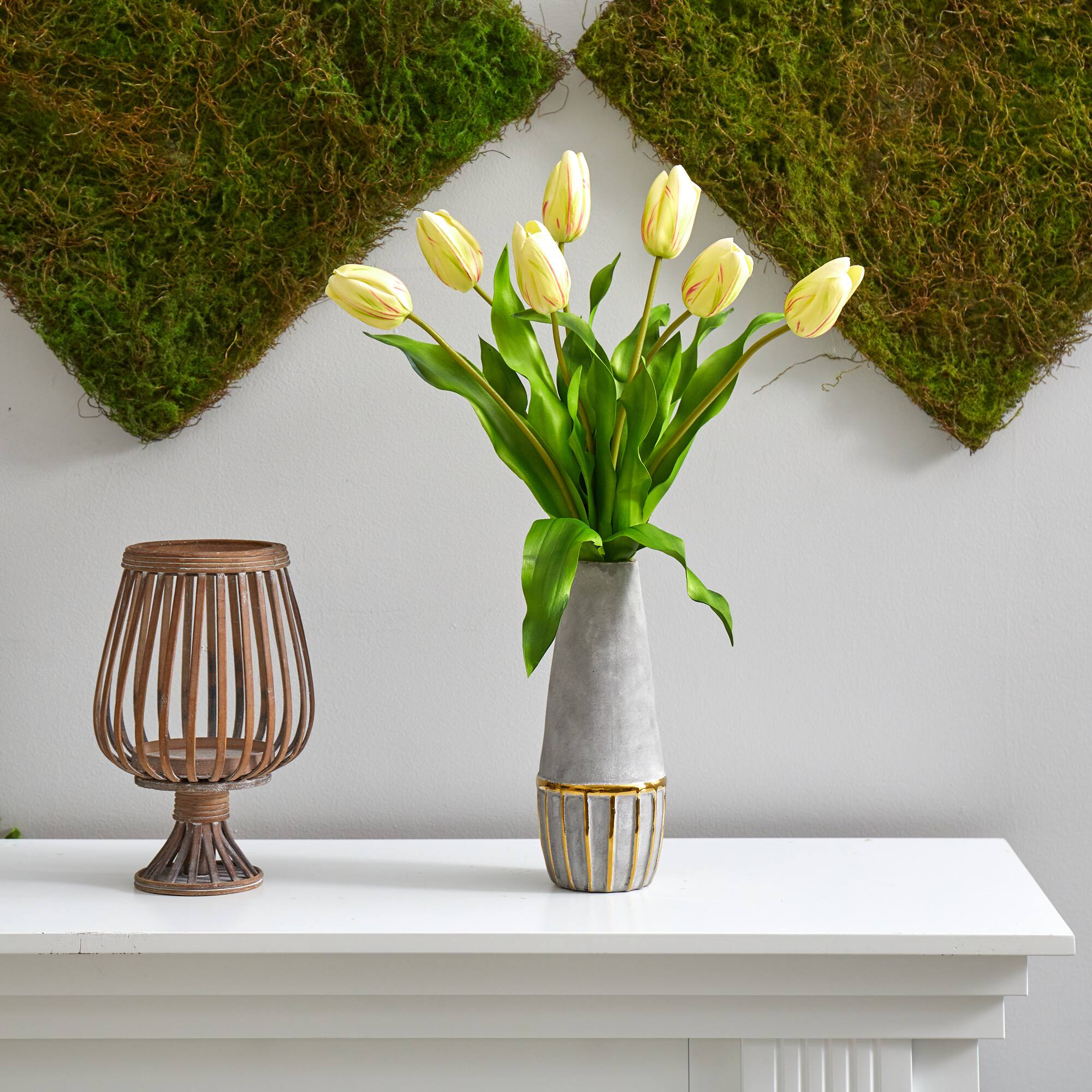 22" Yellow-Red Dutch Tulip Arrangement in Gold Trim Stoneware Vase